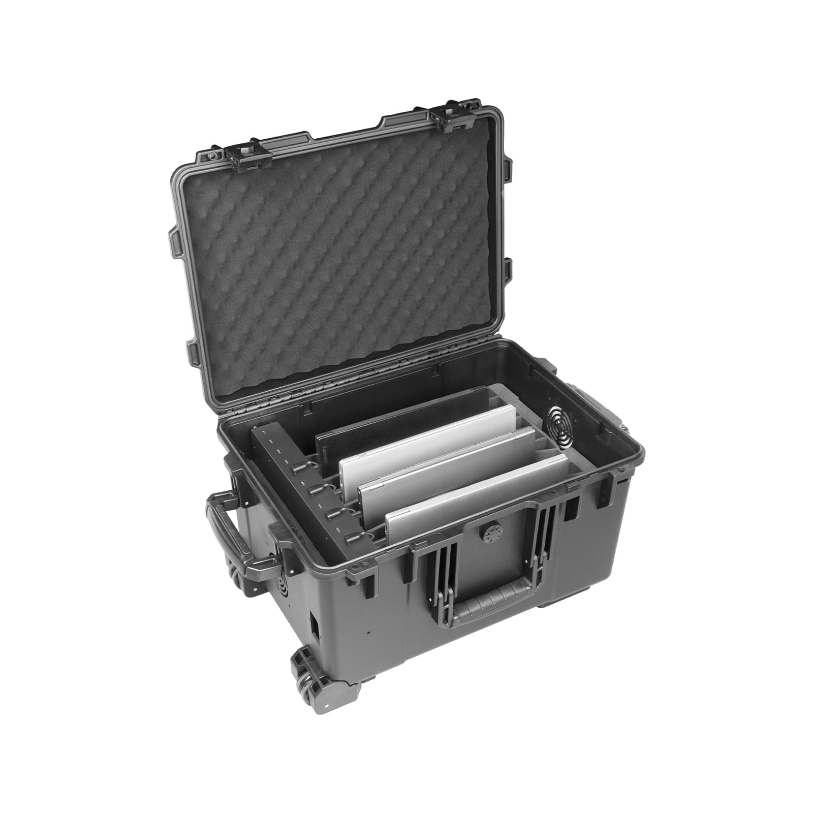 Open LVSUN T10C charging case with laptops standing upright in the rigid divider rail, showing the internal charging module, cooling vent and wheels
