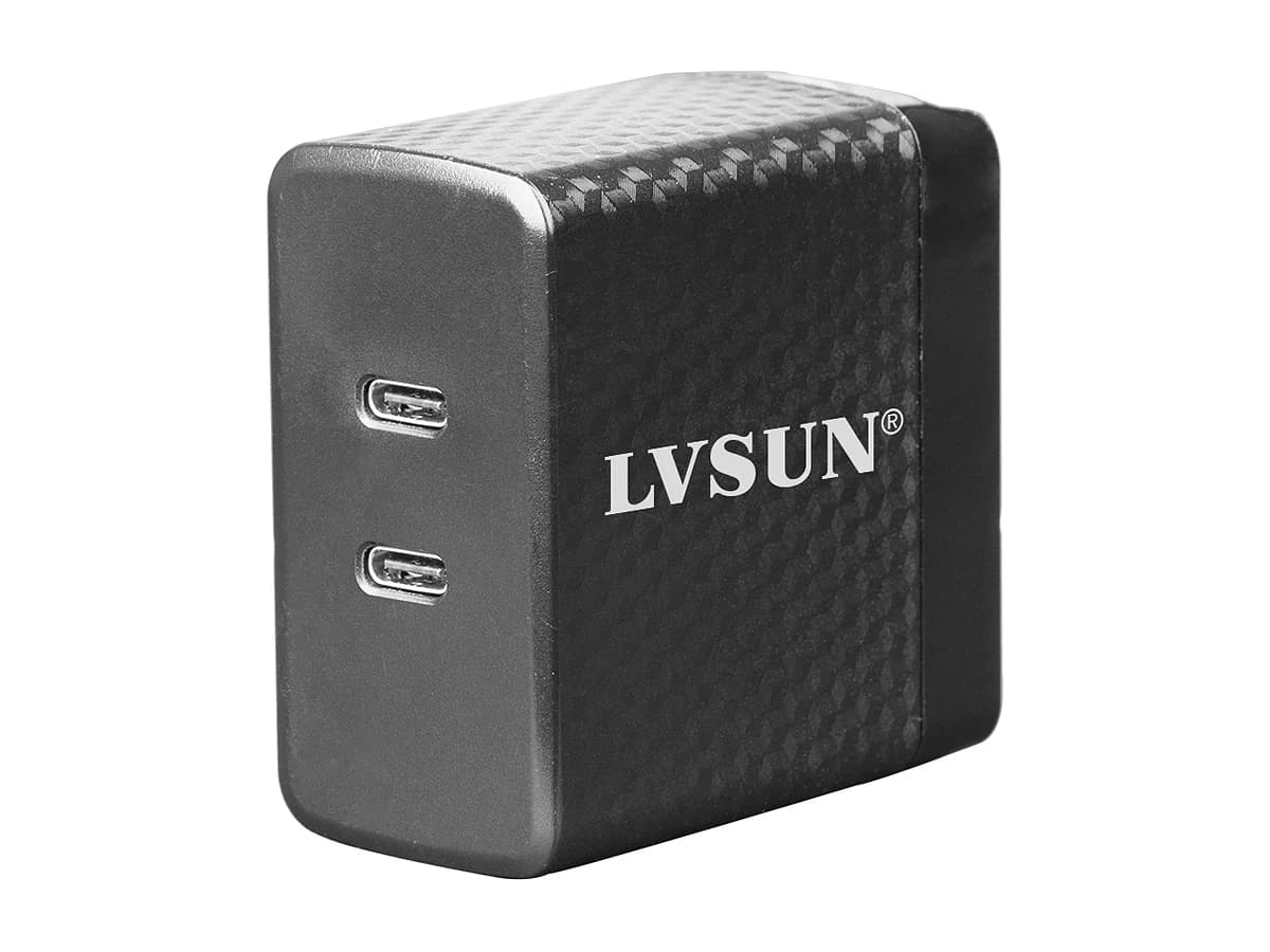 LVSUN LS-GS65-2C 65W GaN wall charger, front view showing the two USB-C ports