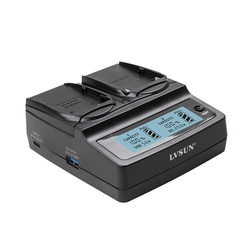 Cargador de baterías para cámara digital de doble bahía LVSUN con dos salidas DC ajustables de 4.2-17.6V y un puerto USB QC3.0