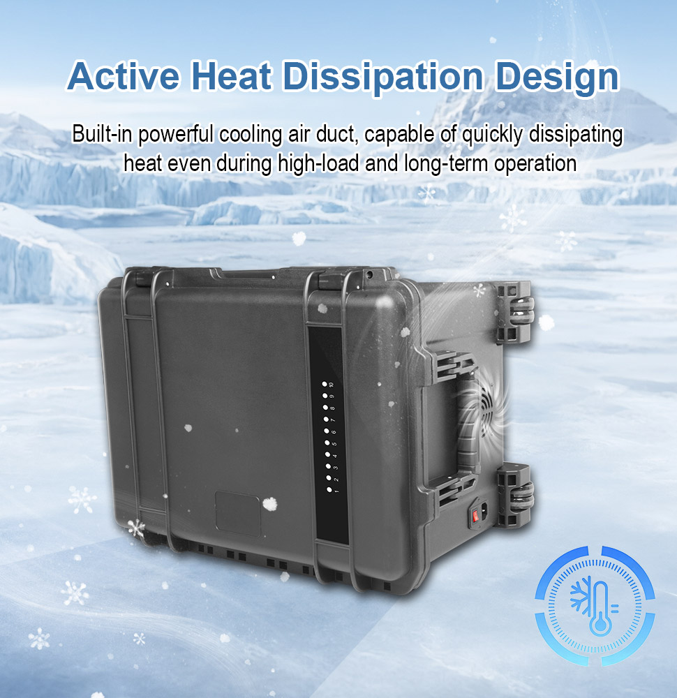 Active heat dissipation design of the LVSUN T10C charging case, showing the built-in cooling air duct and fan on the side panel