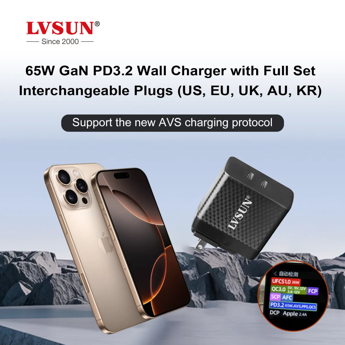 Chargeur mural GaN 65 W PD 3.2 AVS LVSUN à deux ports USB-C, avec un iPhone et l’affichage d’un testeur de protocoles