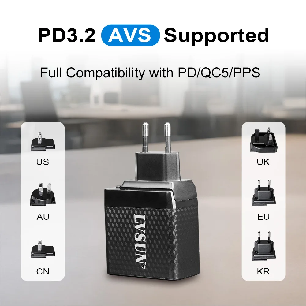 Compatible PD 3.2 AVS et entièrement compatible PD, QC5 et PPS : le chargeur LVSUN et ses fiches US, AU, CN, UK, EU et KR