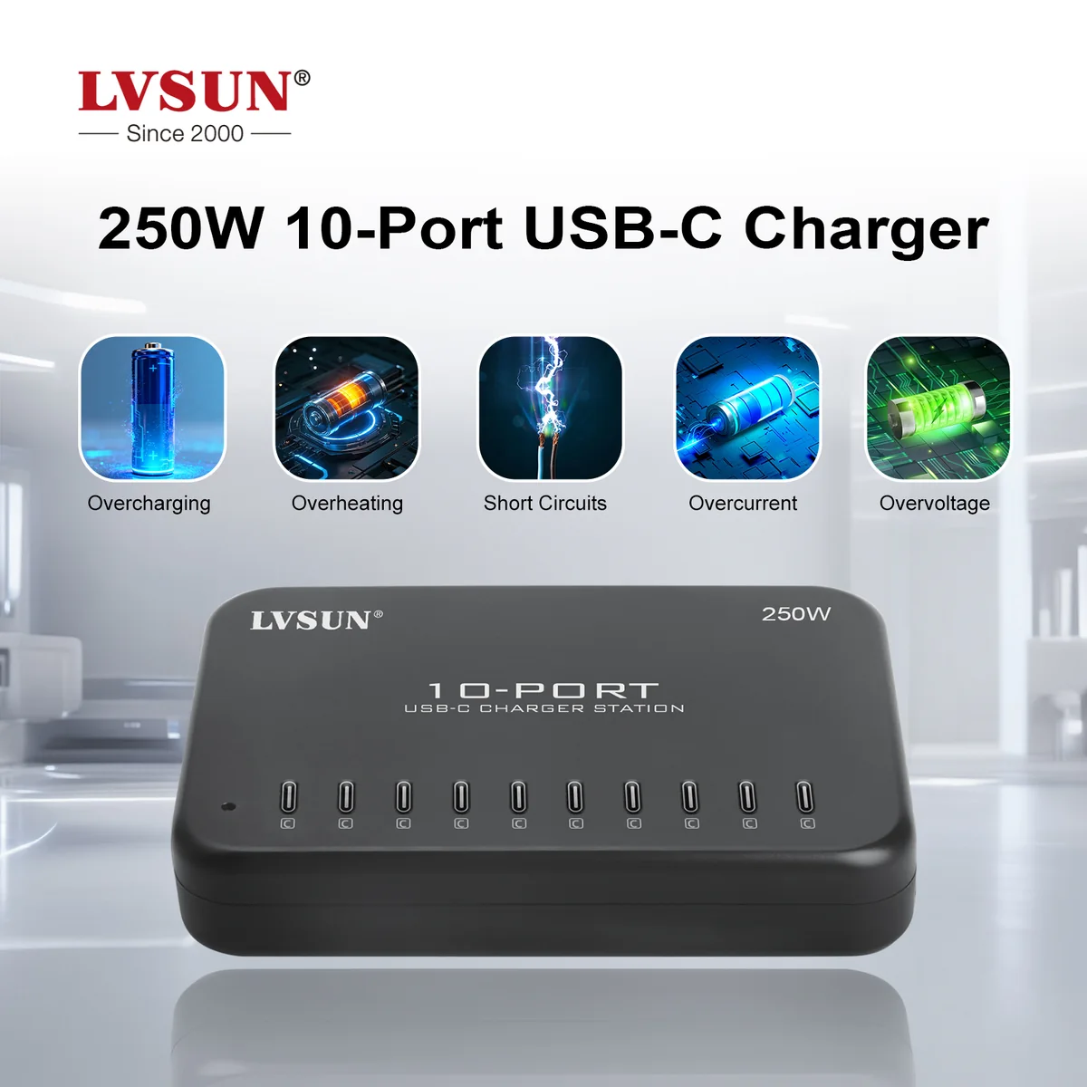 Station de charge USB-C LVSUN LS-10U24C-250 de 250 W à dix ports, avec les pictogrammes de protection contre la surcharge, la surchauffe, les courts-circuits, la surintensité et la surtension