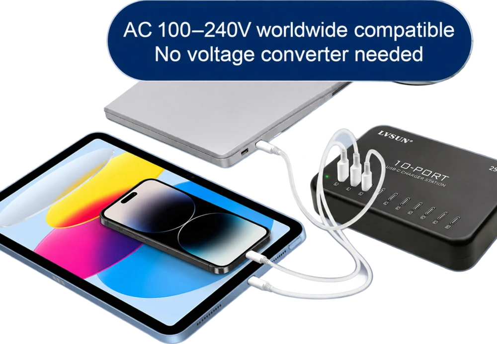 Entrada CA 100–240 V, sin convertidor de tensión: la LVSUN LS-10U24C-250 cargando un portátil, una tableta y un móvil